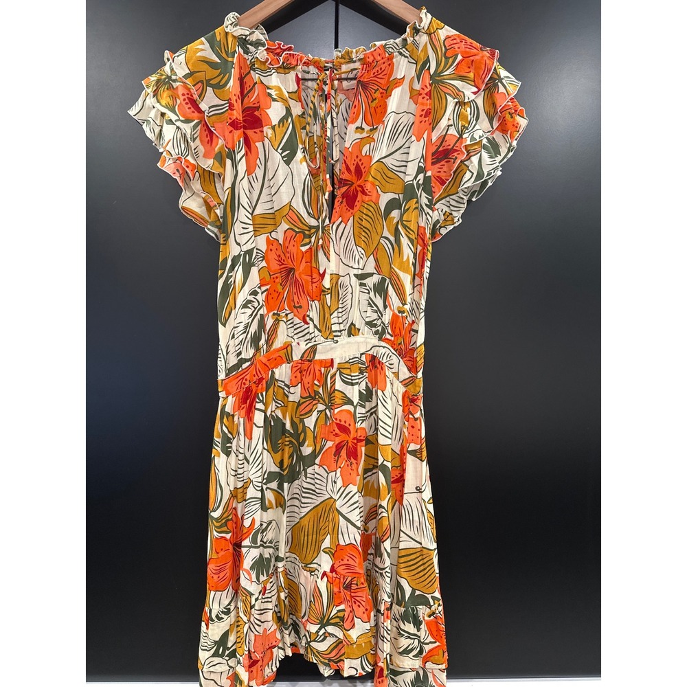 Cleobella Tropical Floral Mini Dress Orange Green Ruffle Flutter Sleeve Small